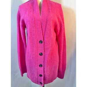 Everlane Alpaca Blend Hot Pink Cardigan Long Sweater Pink Cardi Fuzzy M